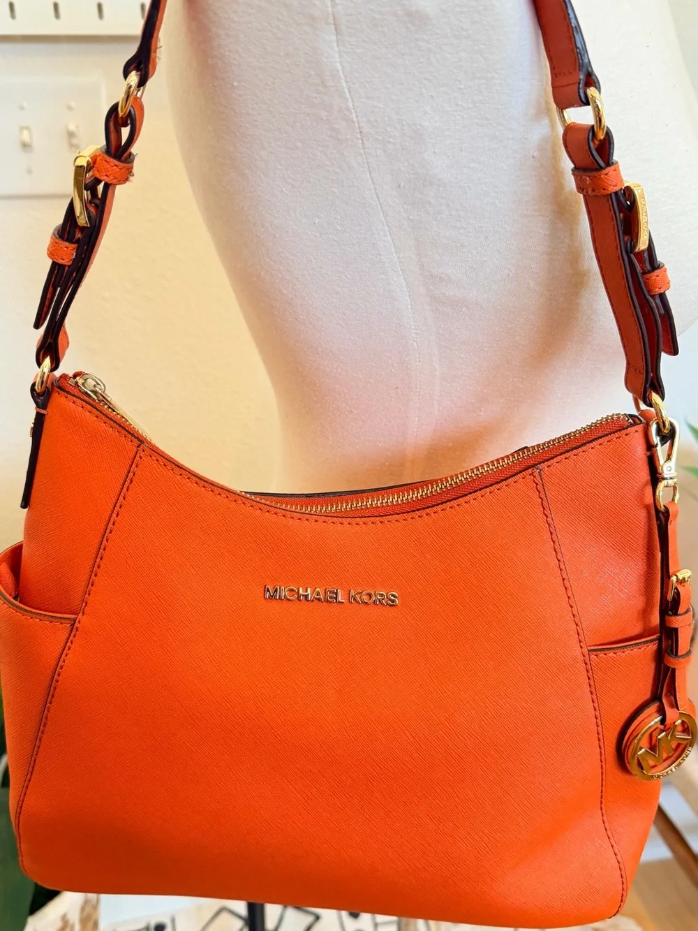 MICHAEL KORS Orange Saffiano Leather Hobo Shoulder Bag Gold Hardware
